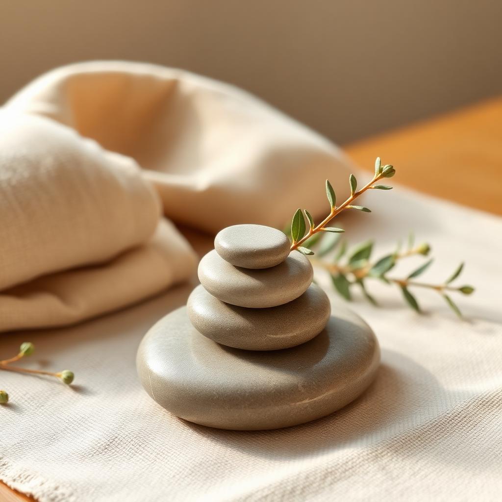 Smooth massage stones and eucalyptus on natural linen