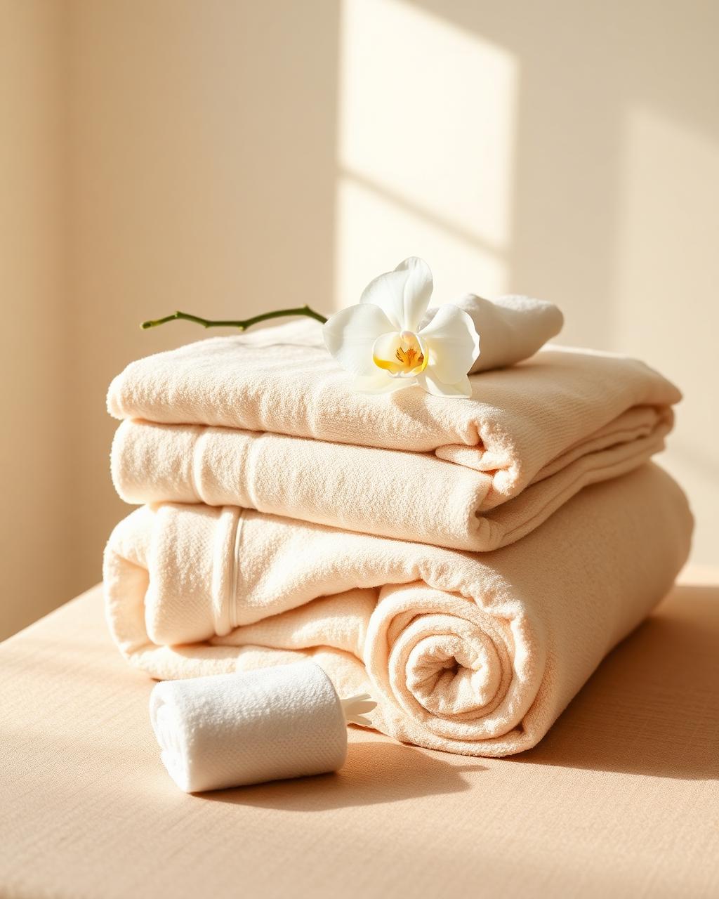 Soft folded spa towels with a white orchid in warm light