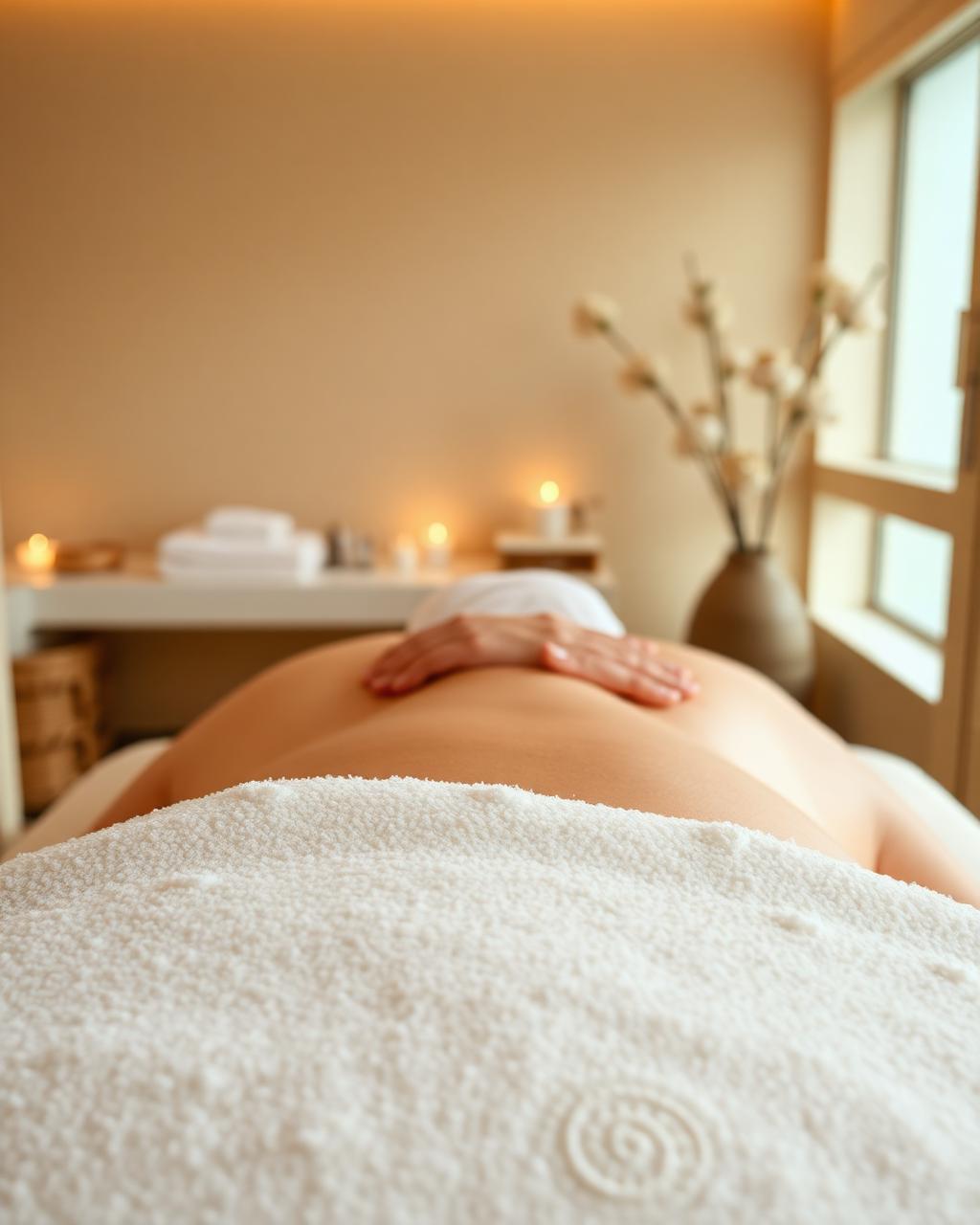 A calm massage room with warm light and soft towels